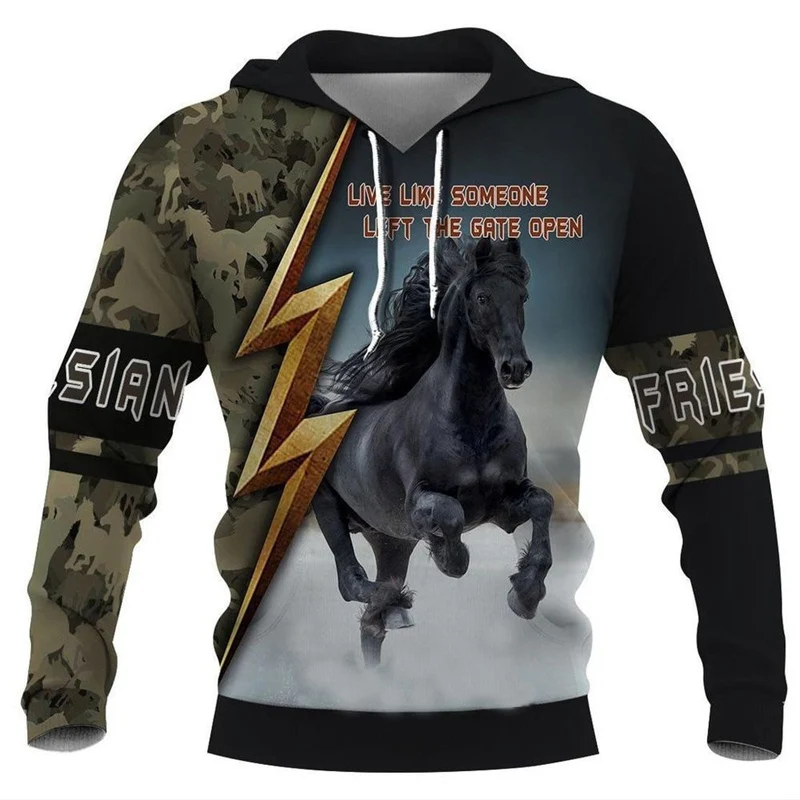 3D Horse Print Men Hooded Sweatshirt Fashion Animal Pattern Hoodie For Men Oversized Casual Pullover Tops Male Daily Streetwear