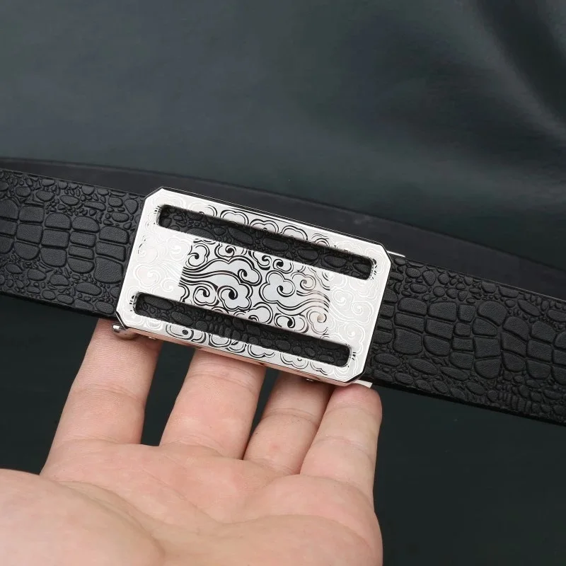 Handmade Floating Cloud Buckle Black Crocodile Pattern Men's Genuine Beef Belt Imported from Italy First Layer Leather Belt 304