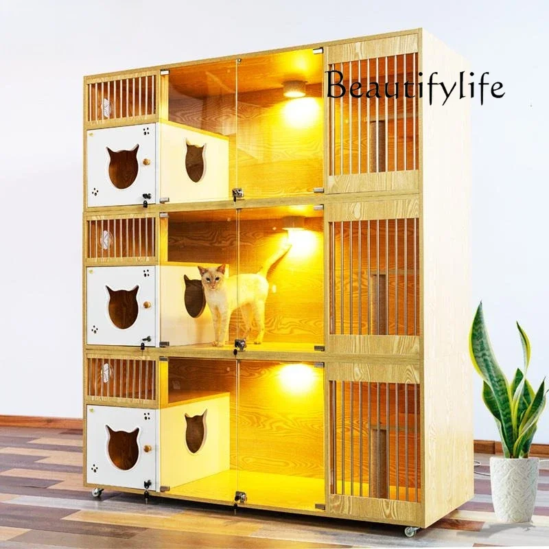 

FG52Gabbia per armadietto personalizzata Vetrina a tre strati in legno massello grande gabbia gatti villa gatti negozio per