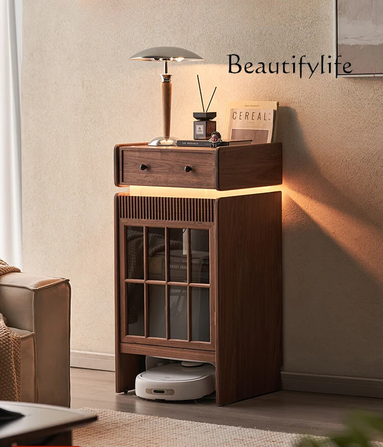 

Movable Robot Sweeper Cabinet Storage Base Station Cabinet Black Walnut Solid Wood Sofa Side Cabinet