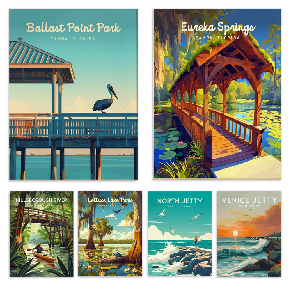 North Pier, Venice, Florida surf spot, Cayo Costa State Park, Tampa, Sawgrasss Lake Park, High Springs, Florida, travel poster