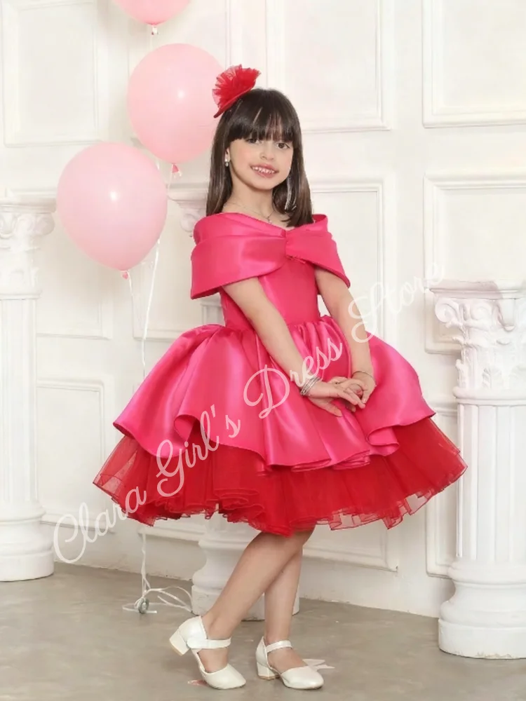 Vestido de niña de flores de satén rojo rosa, vestido hinchado de boda con hombros descubiertos, vestido personalizado para fiesta de cumpleaños infantil y primera comunión