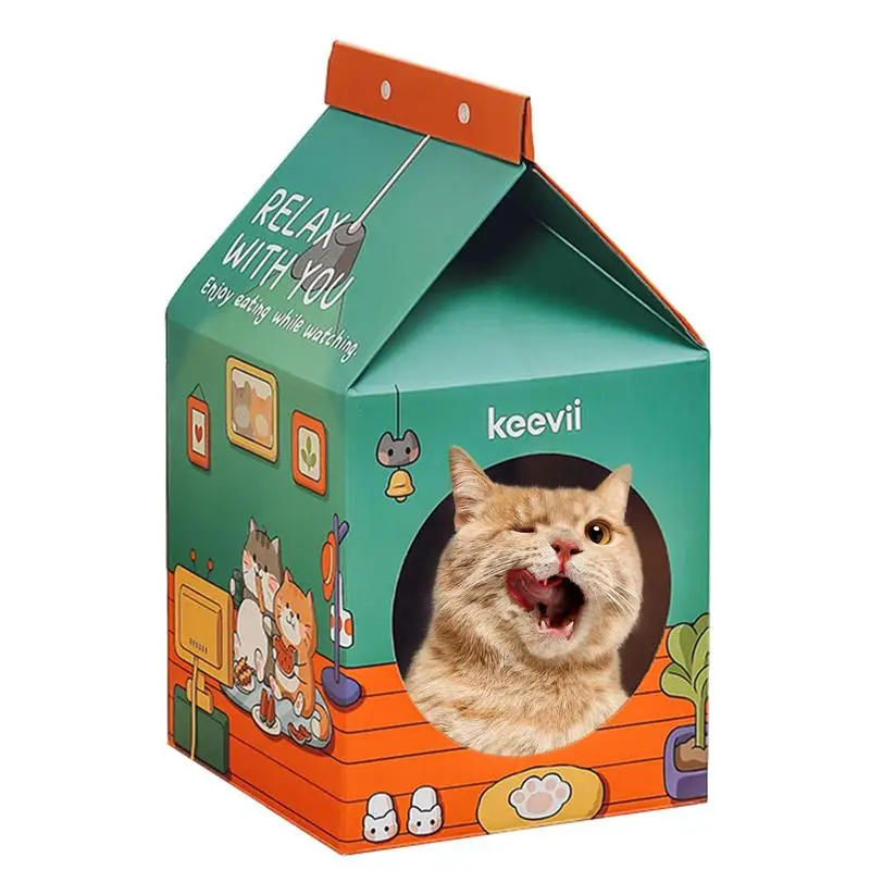 Cardboard Cat House Milk Box Shape Cat Scratching Cave With Scratch Pad Classic Detachable Scratching Board Interactive Box Toy