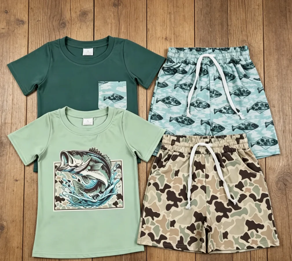 Wholesale Children Short Sleeves Green Tee Shirt Clothing Toddler Pockets Fish Shorts Kids Boys Outfit Baby Boy Set Clothes