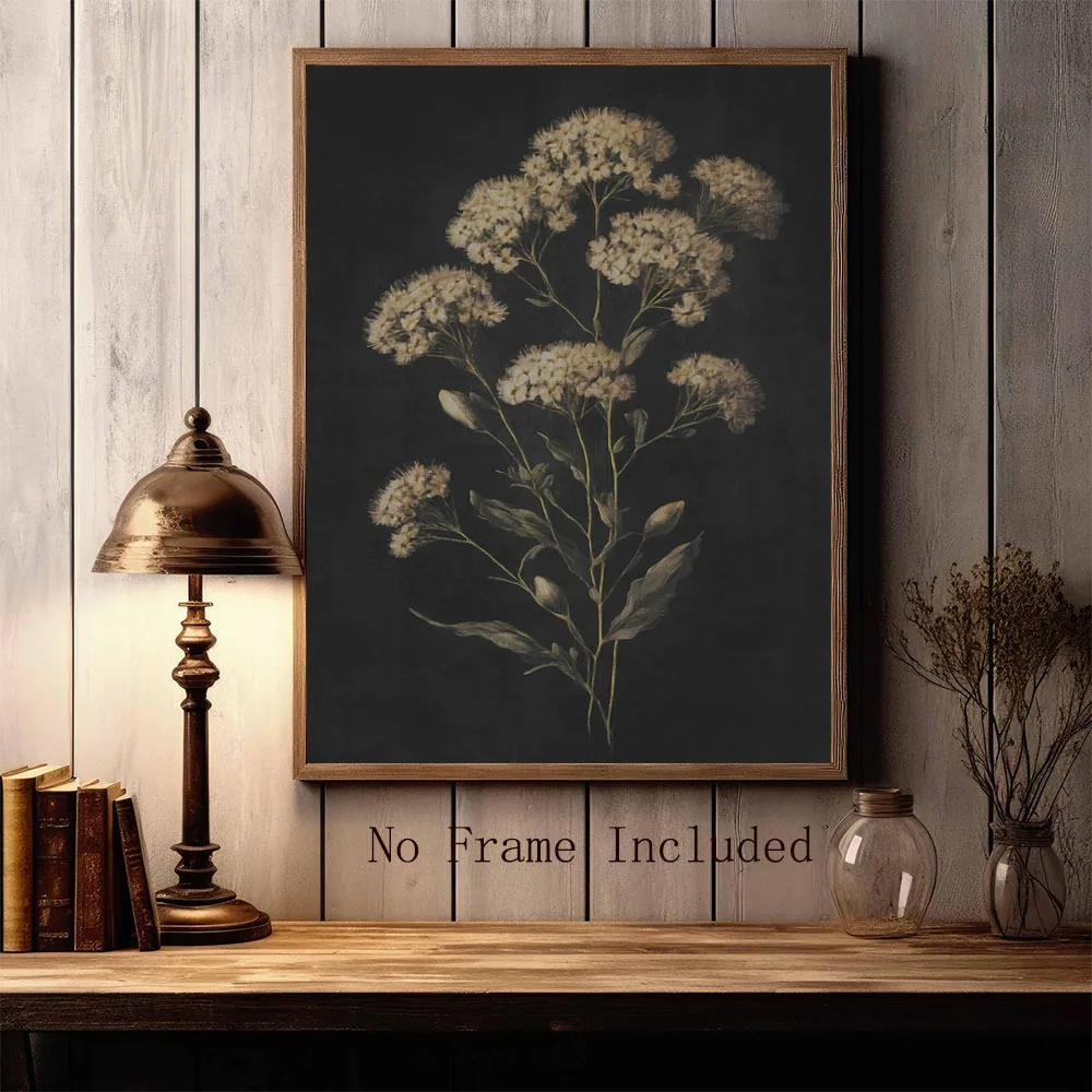 1pc Black and White Wildflowers Botanical Wall Art - Monochrome Painting, Vintage Dark Botanical Print, Unframed Floral Poste