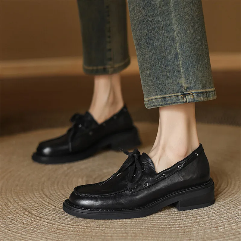 New Autumn Genuine Leather Women Pumps Fashion Lace Round Toe Shoes for Women Chunky Heel Casual Women Loafers Zapatos Mujer