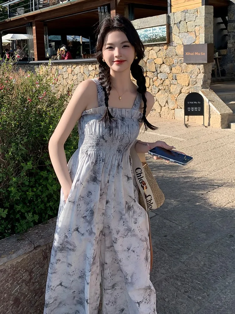 จั๊มสูทขายาวทรงขากว้างสไตล์จีนใหม่ ลายภาพวาดสีน้ำ เอวสูง ผ้าบาง สำหรับผู้หญิง ฤดูร้อน รุ่นบางพิเศษ ขายออนไลน์เท่านั้น