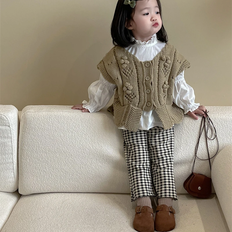 Shirt Pants Vest Korean 2024 New Girl Autumn Sweater Stand Collar Plaid Cute Cotton Sweet Comfortable Tide