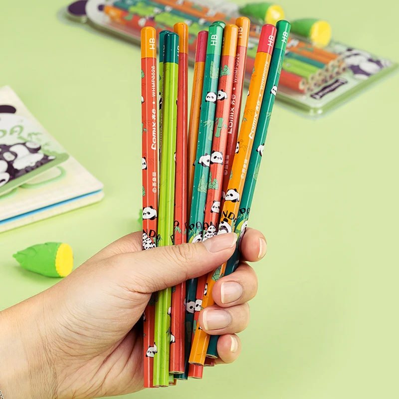 12pcs/set Cute Panda Wood-Cased Pencils with 2 Erasers Kawaii Black Lead HB Pencil for Student Study Classroom Rewards Supplies