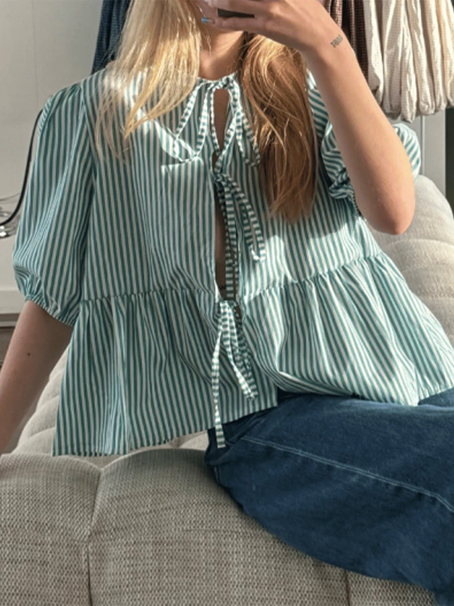 Women Bow Tie-Up Front Tops Plaid/Striped Peplum Babydoll Blouse Half Puff Sleeve Crew Neck Lace Up Casual Shirt for Daily Life