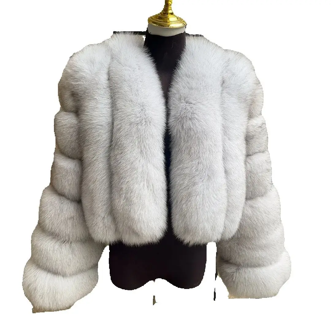 Damski płaszcz z prawdziwego futra lisa, zimowa moda, krótki, pionowy, naturalne futro lisa, kurtka z futra szopa pracza HUA QIU MEI SI — 2