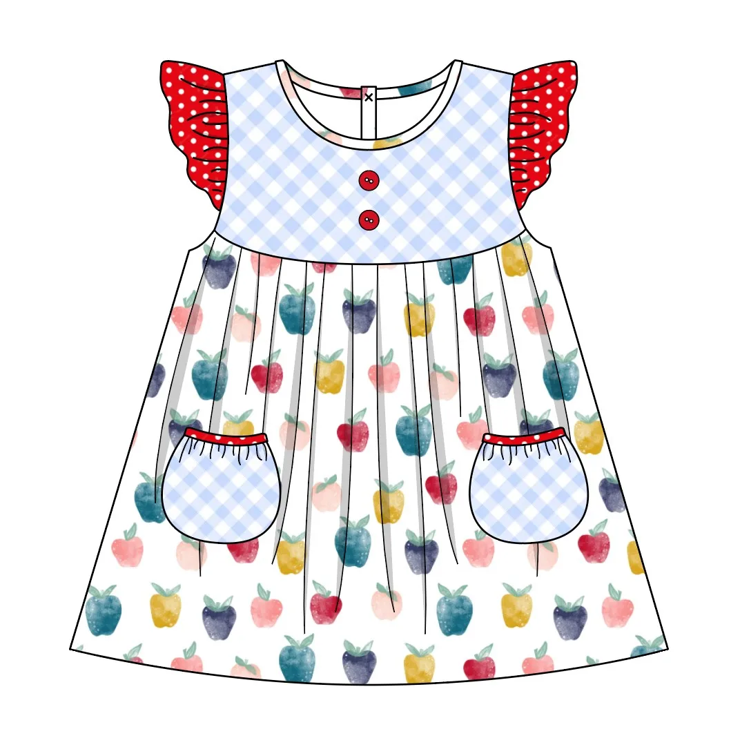 Baby Cotton Short Sleeve T-shirt Set Round Neck Back To School Apple Pattern Boy Green Top Clothes And White Pants Girl Dress