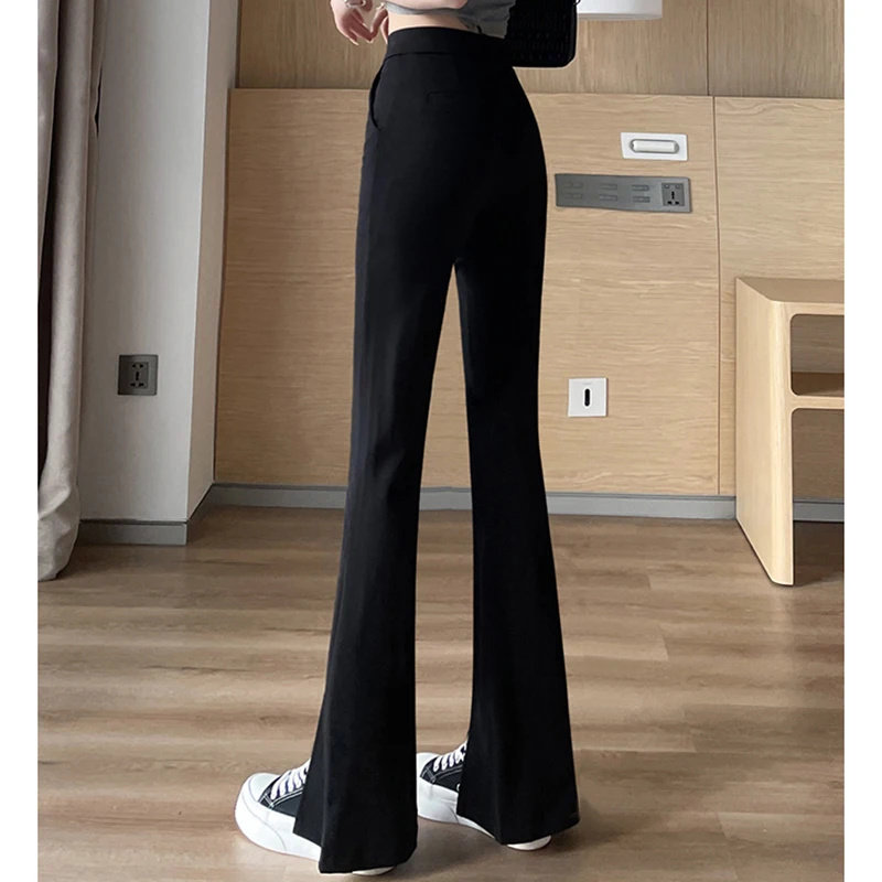 Women High Waist Baggy Slit Flare Pants Lady Casual Fitness Formal Bell Bottom Trousers Female Fashion Grunge Black Loose Slacks