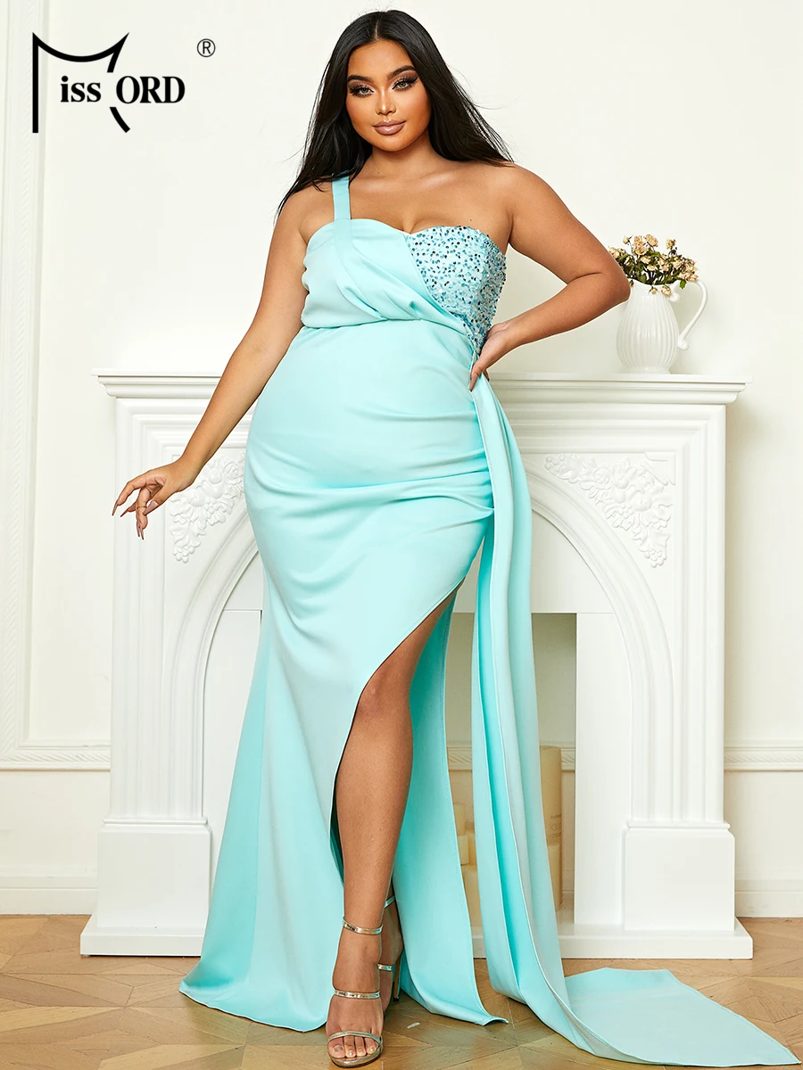 

Missord Plus Size Draping One Shoulder Sleeveless Blue Maxi Prom Chic Elegant Woman Dress