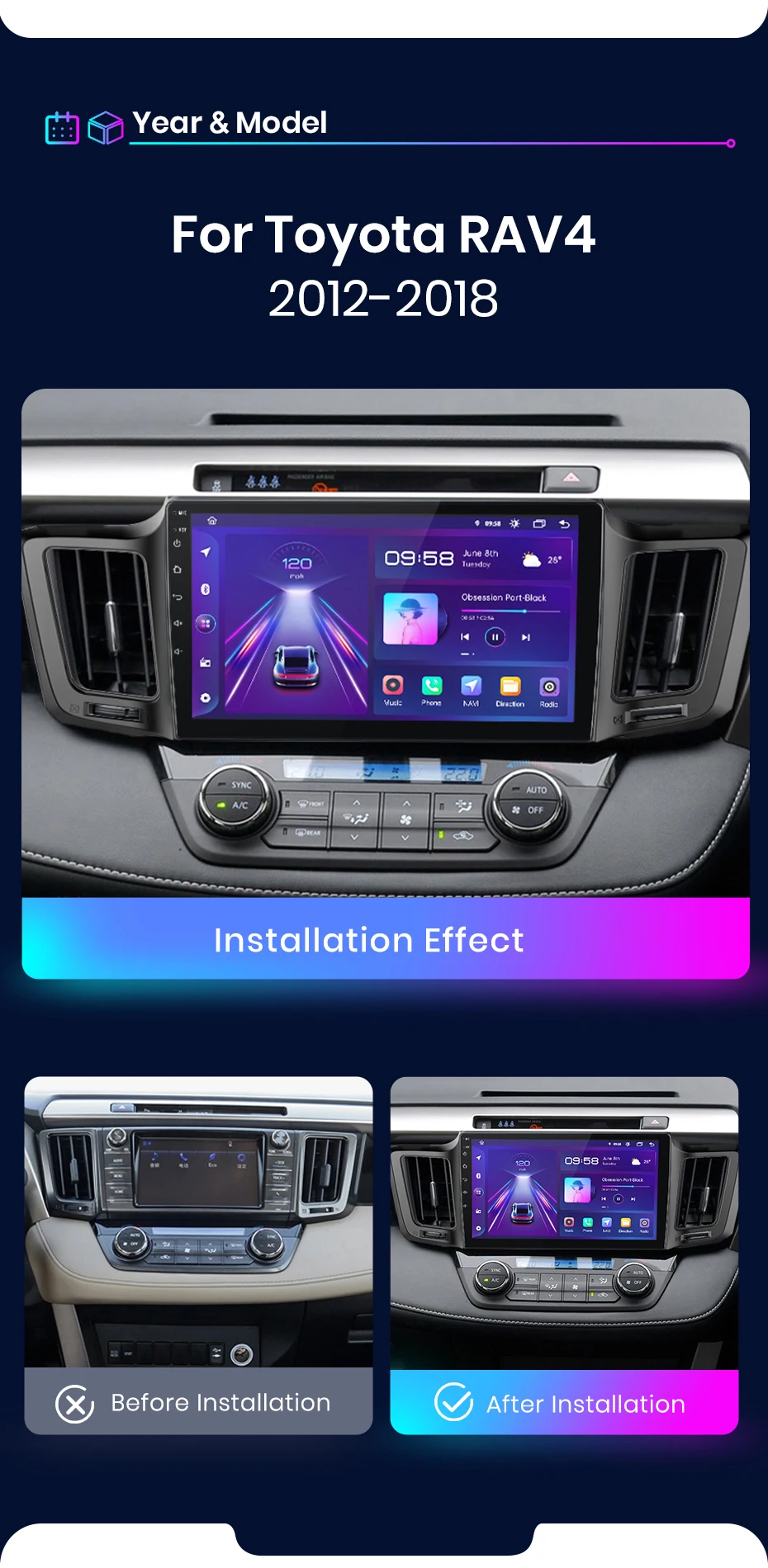 Junsun Kabelloses CarPlay Android Auto Autoradio für Toyota RAV4 RAV 4 2012 2013 - 2018 2 DIN Multimedia-Stereoanlage mit integriertem Lüfter GPS-Navigation SWC Bluetooth FM RDS DSP IPS-Bildschirm Intelligente Autosysteme 4G WiFi 8-Kern Plug&Play Haupteinheit – Detail 4