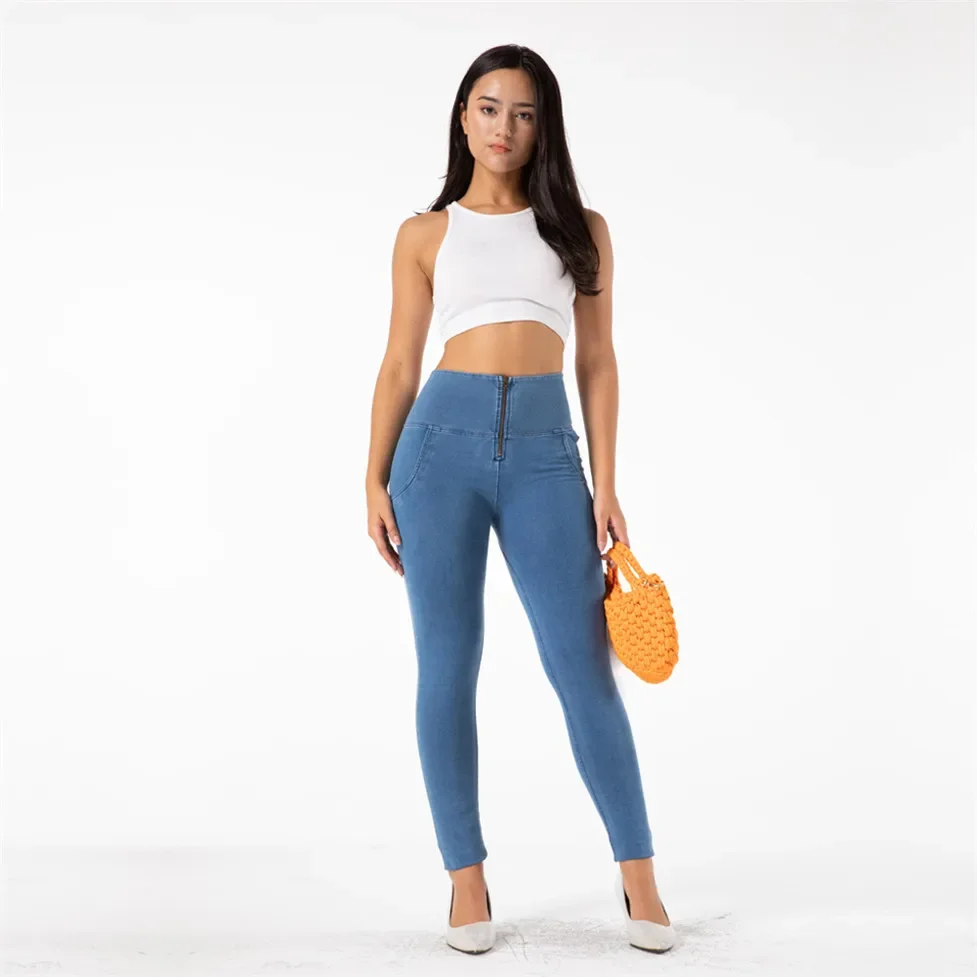 Shascullfites Jeans Hellblaue Jeans-Leggings, Po-Lifting, dünne Denim-Leggings mit Reißverschluss, klassische Hosen, Jeggings für Damen