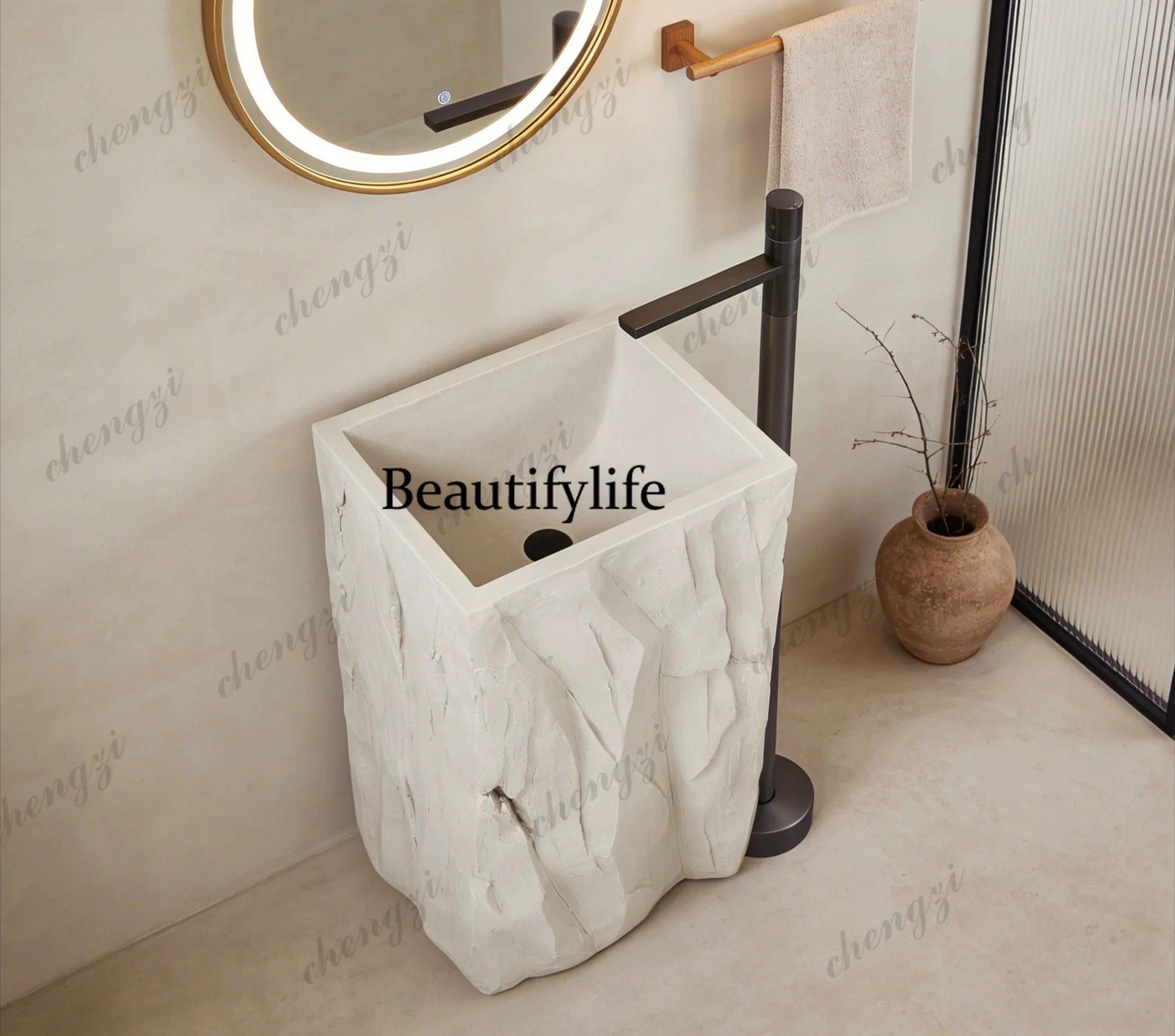 Floor-to-ceiling, Japanese-style pillar basin, rock texture washbasin, household and outdoor integrated