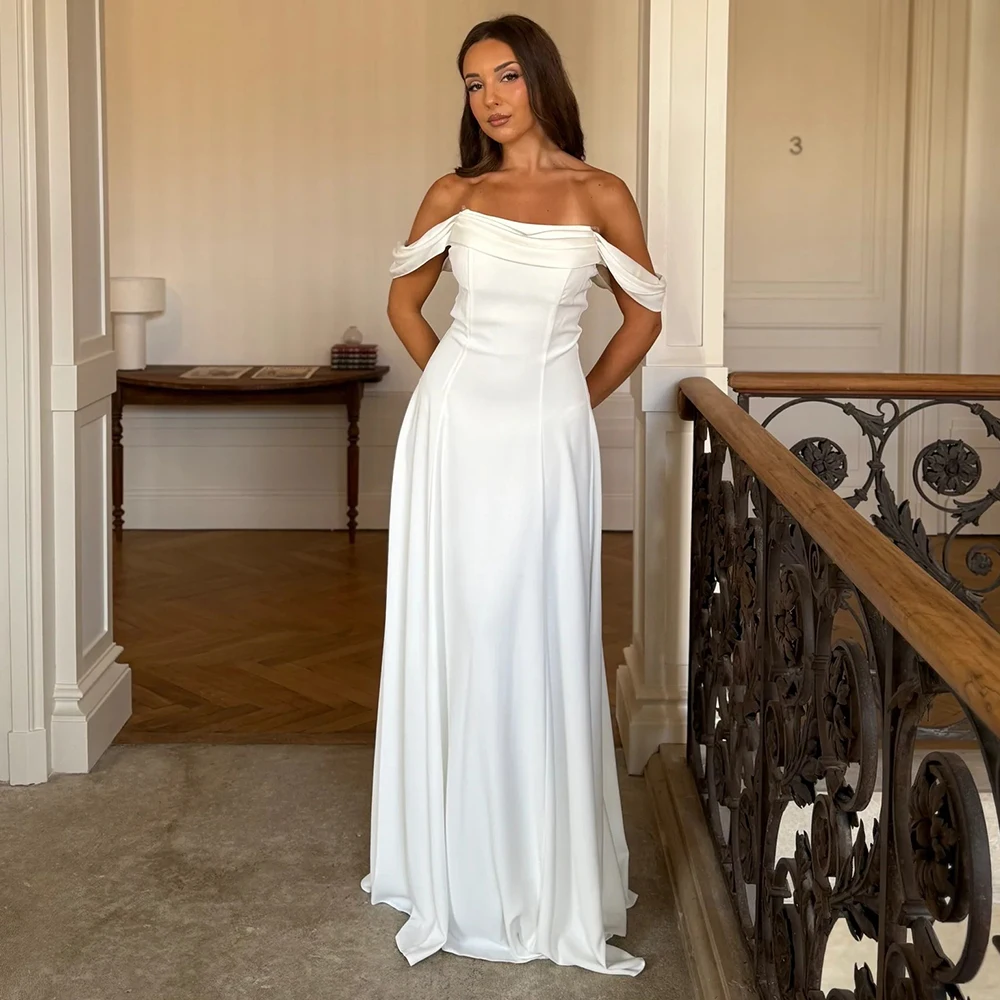 

Graceful Women Off the Shoulder Wedding Dress Customized Strapless Pleats Jersey Sheath Backless Bridal Gowns Vestido De Novia