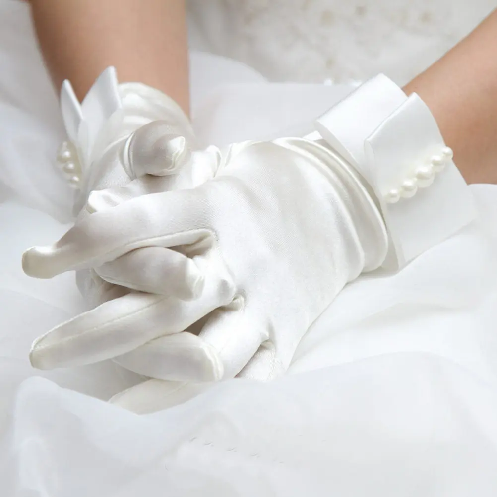 1Pair Elegant Satin Wedding Gloves for Women Bowknot Pearl Decor Elastic Comfortable Fit Perfect for Bridal Shower Engagement