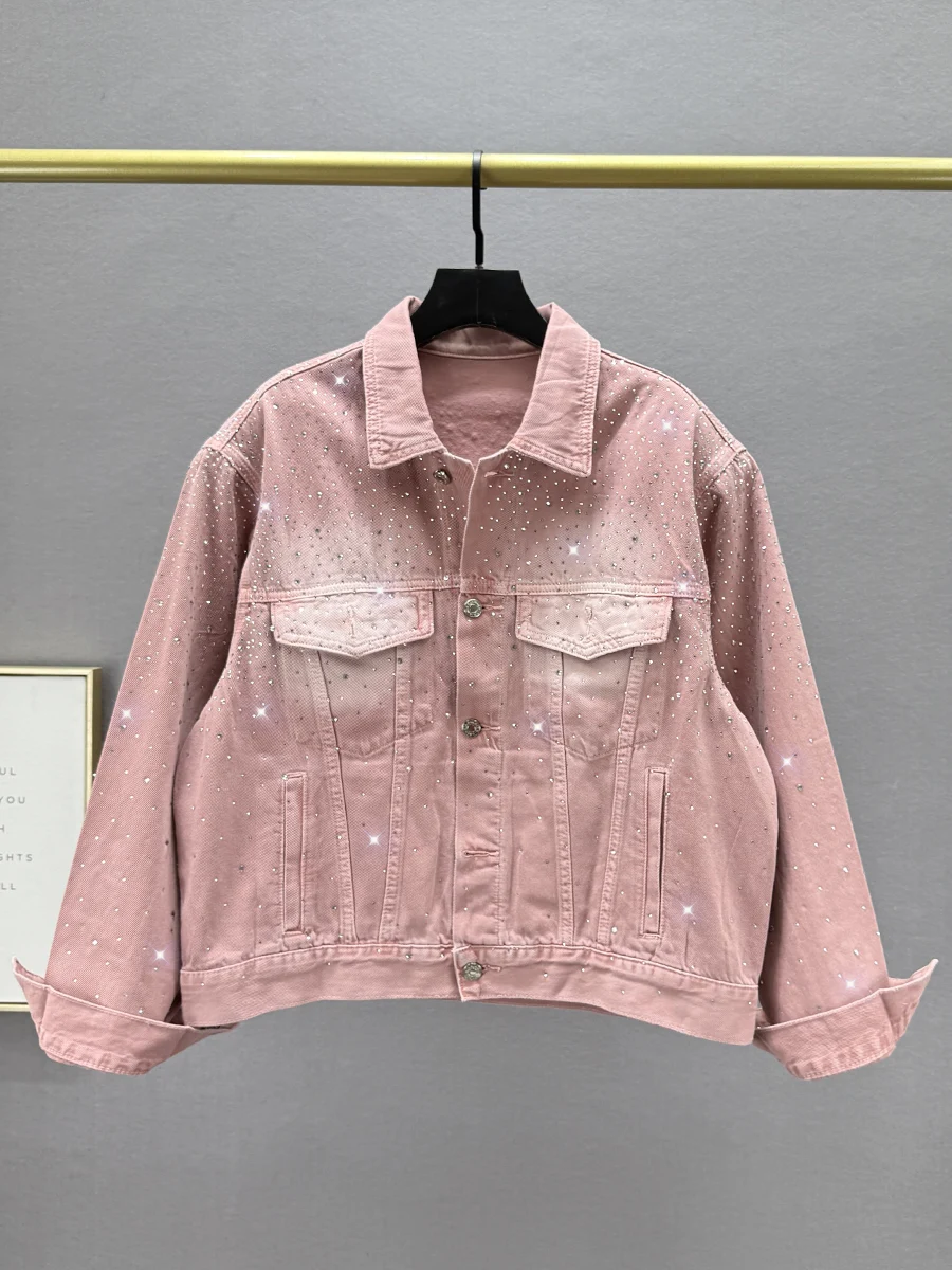 

Trendy Loose Fit Long Sleeve Collar Diamond Embellished Jeans Jacket for Women Spring 2025 New Style Casual Commute Style