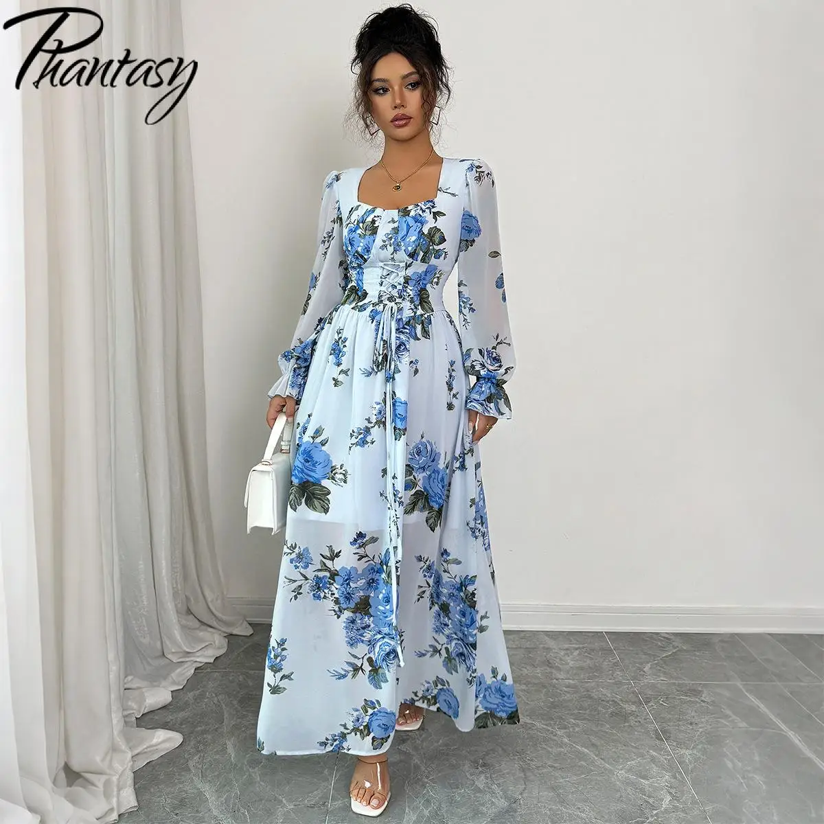 Fantasma estilo francês vestido moda u-pescoço manga comprida simples flor impressão sexy feminino vestido de dupla camada roupas femininas