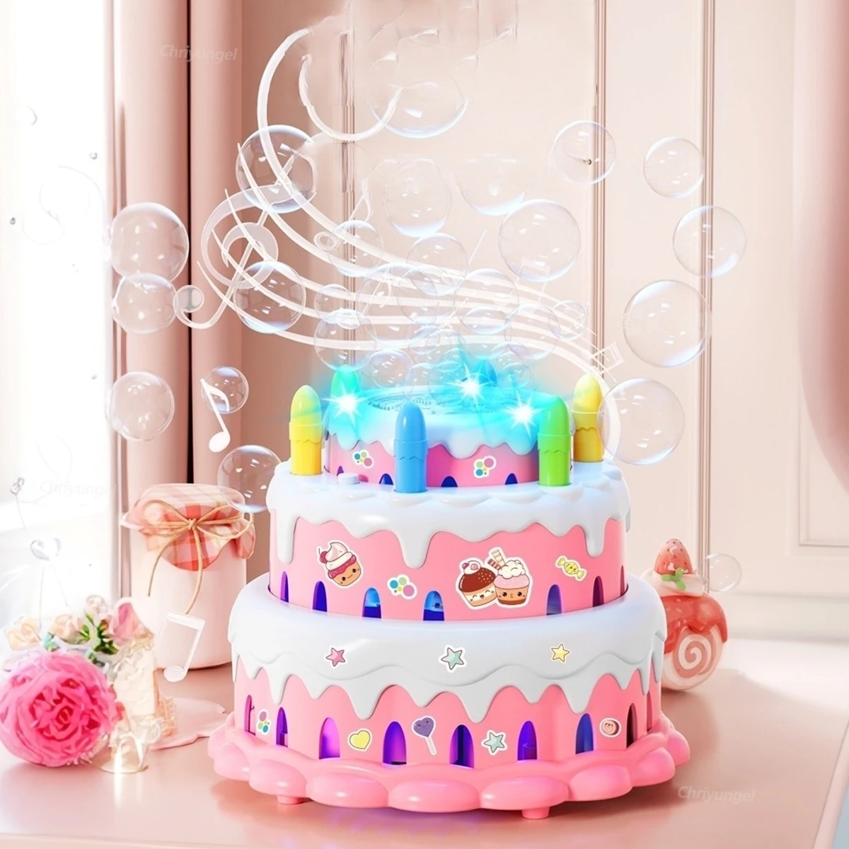 Bubble Machine voor kinderen Verjaardagstaart Speelgoed met muziek en verlichting Automatische bellenblazer Outdoor Party Verjaardagscadeaus voor jongens en meisjes