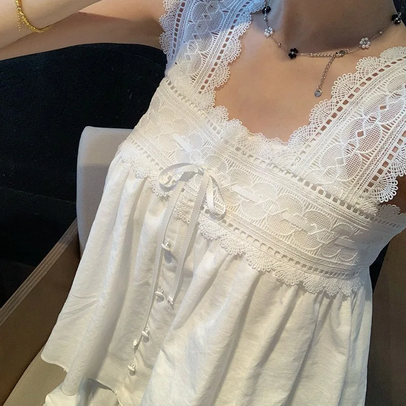 Women's New French Hollow Embroidered Lace Vest with Spaghetti Straps Wide Leg Splicing Lace Pants Two Piece Set Summer XL Size