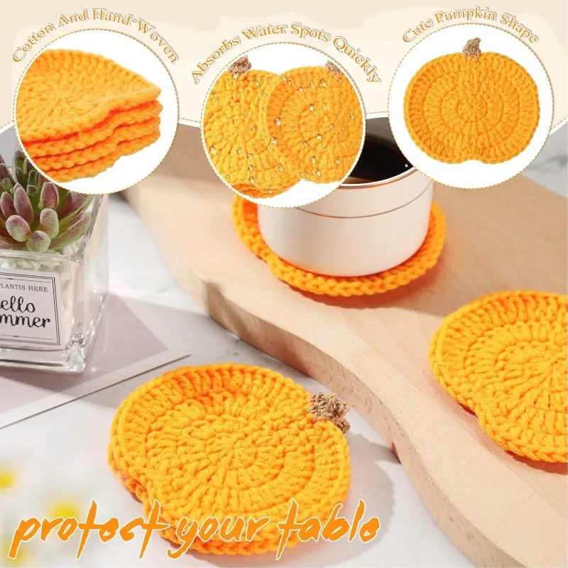 Crochet Pumpkins Coaster Handmade Knitted Drink Coaster Drink Cup Pad Mats Absorbent Bottle Mug Place Mats for Table Protection.