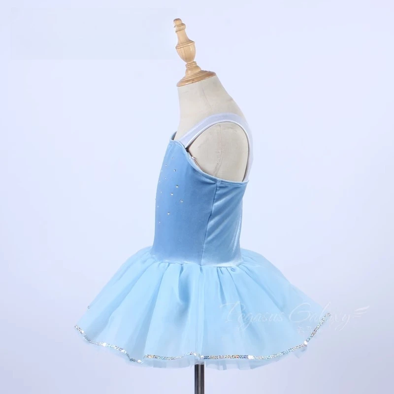 Vestido tutu de balé para meninas, bainha com lantejoulas, vestidos de veludo azul, suspensórios para crianças, strass, performance de palco de balé, roupa de dança