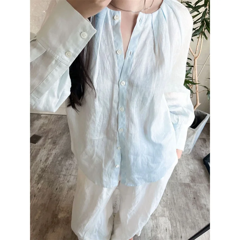 

Susan Early Spring Blue Long Sve Women's Linen irt with Lace Hem Straight Cut French Sle Pure Color Casual Top