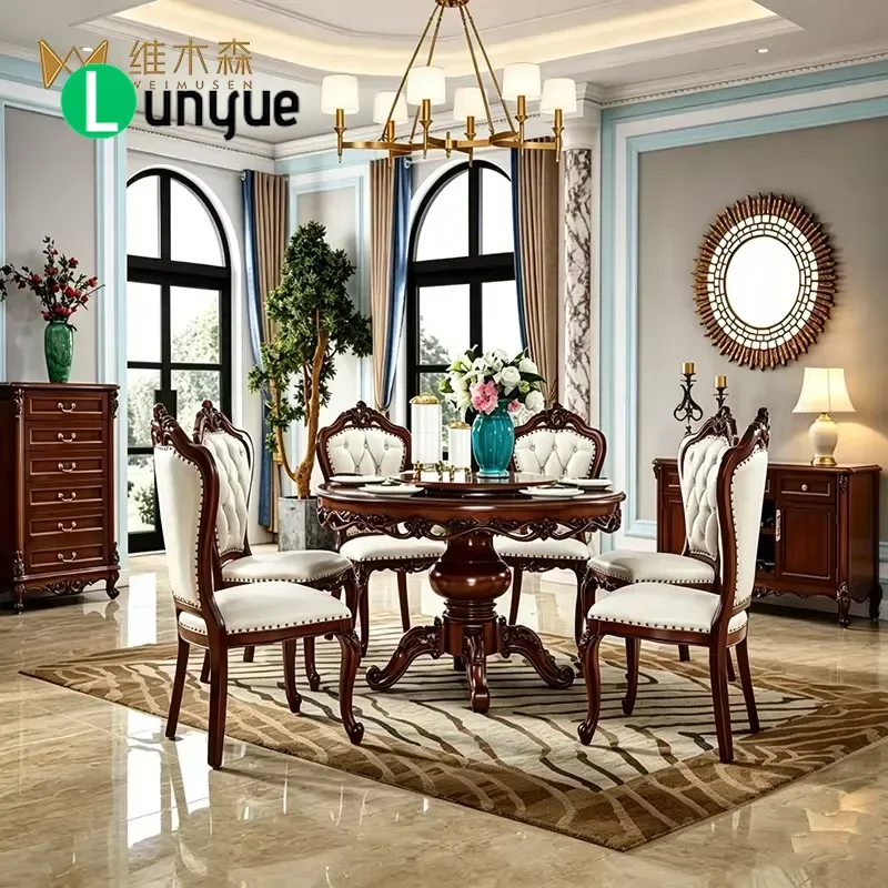 American Style Solid Wood Dining Table and Chair Set with Luxury Genuine Leather Carved Design Easy Assembly Disassembled for