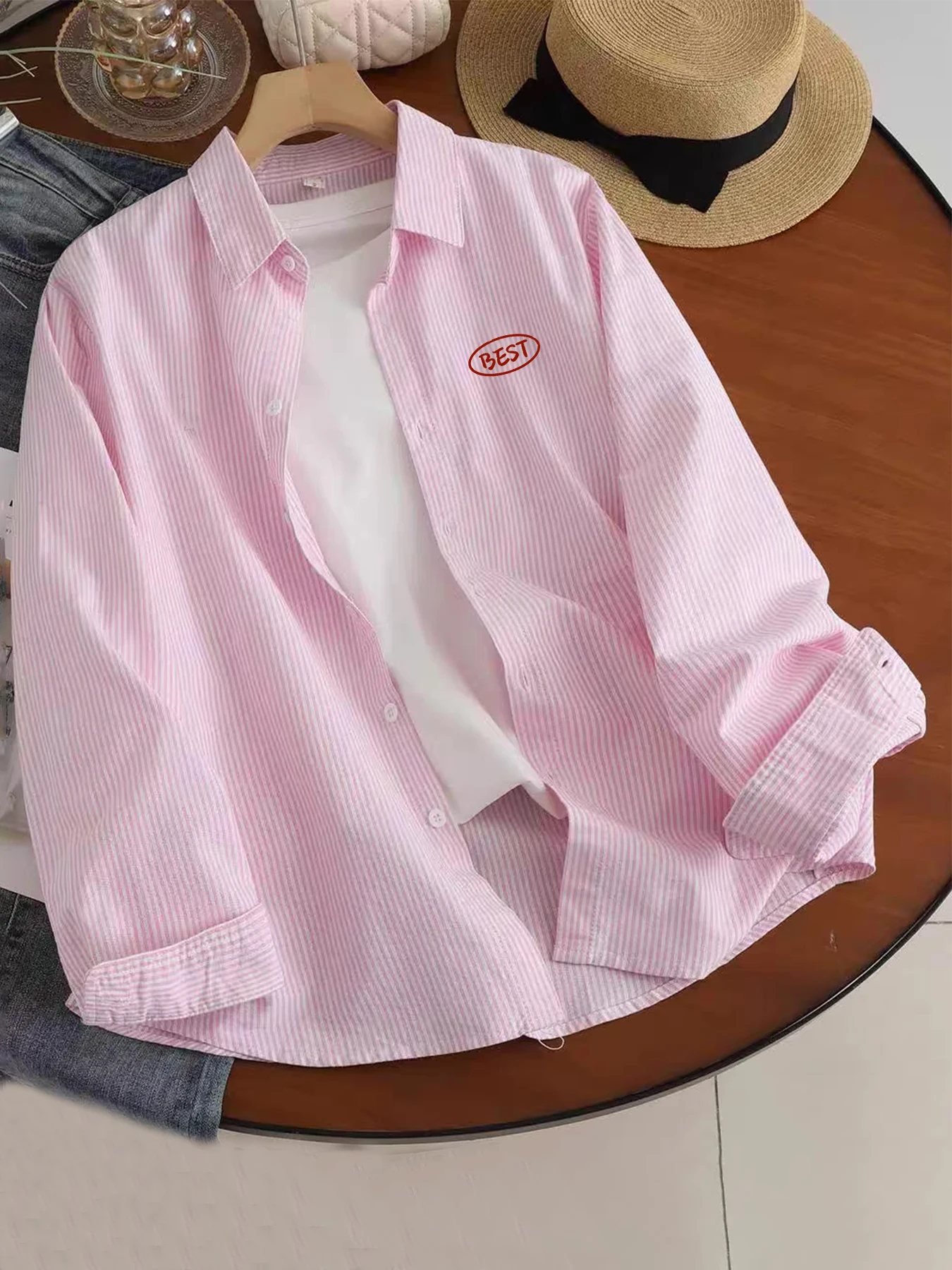 Spring and autumn new style simple letter print long sleeve thin stripe loose casual simple outer shirt