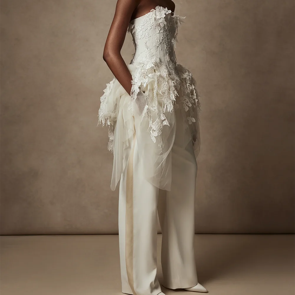 Elegant Strapless Applique Corset Sleeveless Trousers Bride Wedding Dresses Bridal Gowns Customized
