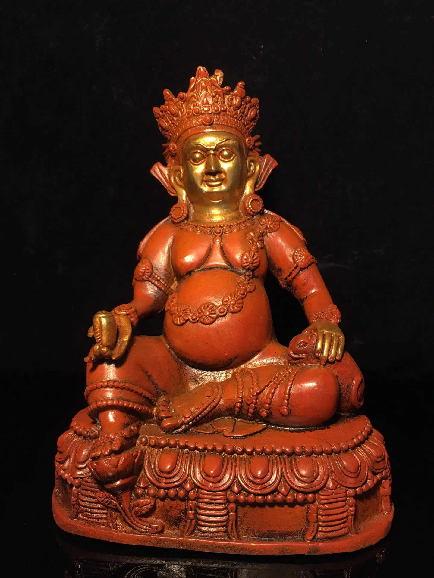 

9"Tibetan Temple Collection Old Bronze Gilt Cinnabar Yellow JambhalaTibetan God of Wealth lotus platform Sitting Buddha