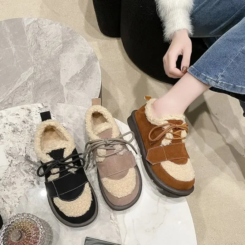 Winter Short Plush Flats Cotton Boots Lace-up Casual Trend Shoes 2024 New Fashion Warm Comfortable shoes Female Mujer