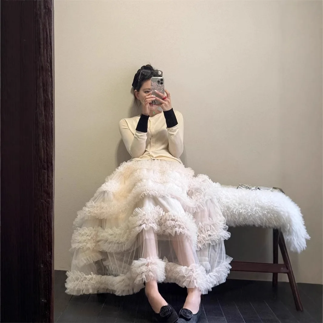 Women's Skirts Niche Fairy-Tale Aesthetic Long Dress Korean-Style Minimalist Mesh Panel Layered Skirt Cake-Style Tiered Overlay