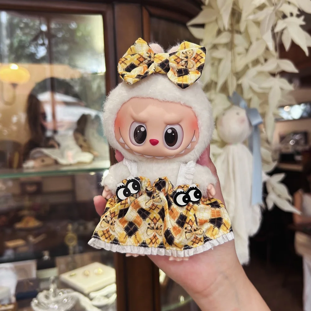 

17cm Labubu Doll Clothes Set Yellow Plaid Dress with Bowknot Cute Outfit Fashion Accessories for V1 V2 Idol Plush Doll DIY Gift