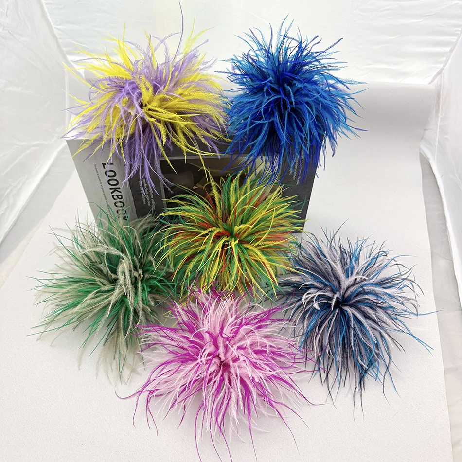 New Pure Natural Colored Ostrich Hair Handmade Brooch Fashionable and Elegant Women's Jewelry Accessories Pin Clothing Corsage
