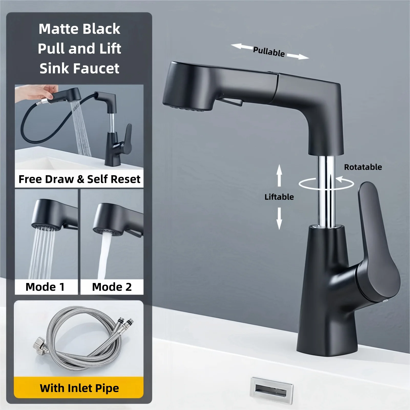 Bathroom Faucet Hot Cold Water Sink Mixer Tap Basin Faucets Washbasin Pull Faucet Copper Lifting Pull Faucet Hot and Cold Water image 3