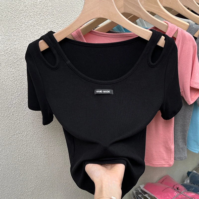 

Plus Size plus Size Women's Sweet And Spicy ort Sve Hollow out T-irt Korean Sle round Ne Casual Summer Top for Heavy Girls