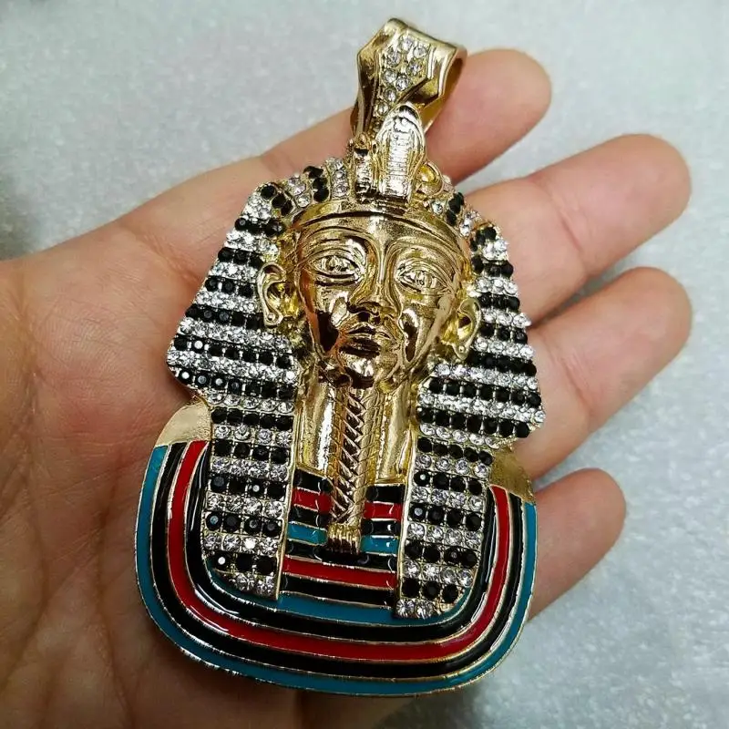 Egyptian Iced Out Bling Pharaoh Pendant Necklace Inlay White Zircon Gold Color Stainless Steel Necklace For Men Egyptian Jewelry