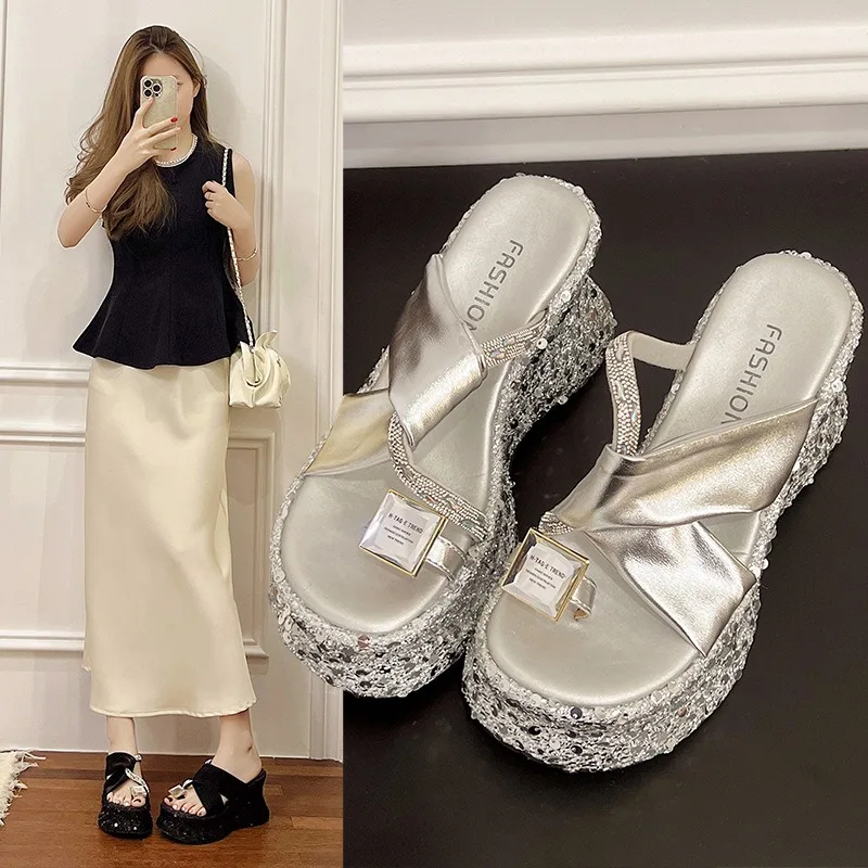 

New Women's Shoes Luxury Rhinestones Fashion Slippers High Quality High Heels for Woman Designer Wedge Non-slip Slippers Zapatos