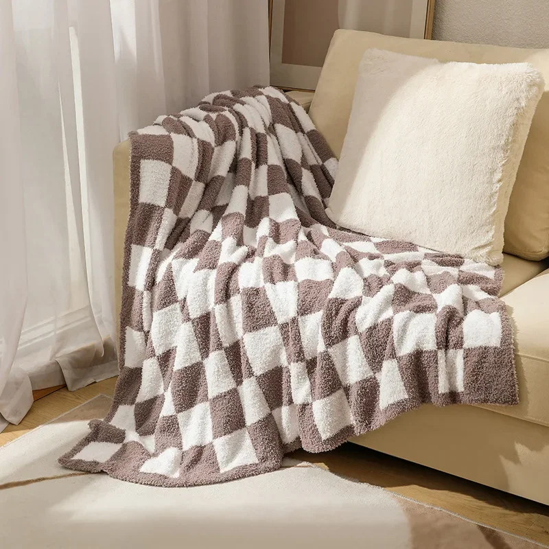 Checkerboard Plush Throw Blanket Super Soft Sherpa Fleece with Chunky Knit Texture Modern Geometric Cozy Blanket for Home Decor