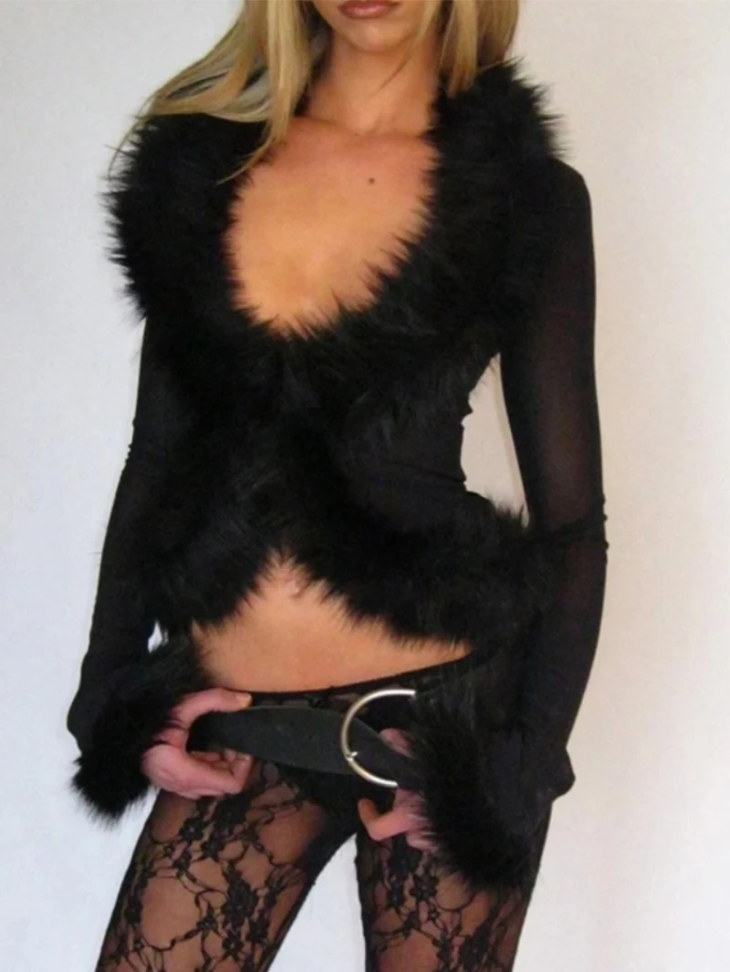 Sexy See Through Cardigan Tops Women Weird Puss Fluff Patchwork Skinny Full Sleeve Navel Exposed Hottie Wild Style Streetwear