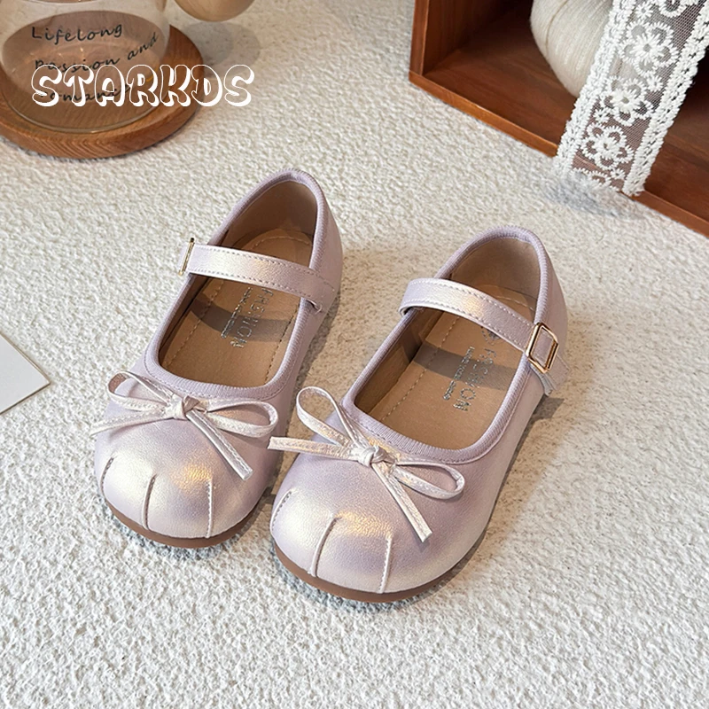 Pearlescent Pink Leather Mary Janes Kid Girl Classic Round Toe Bowtie Buckle Strap Ballerina Shoes Baby Child Shiny Dress Zapato