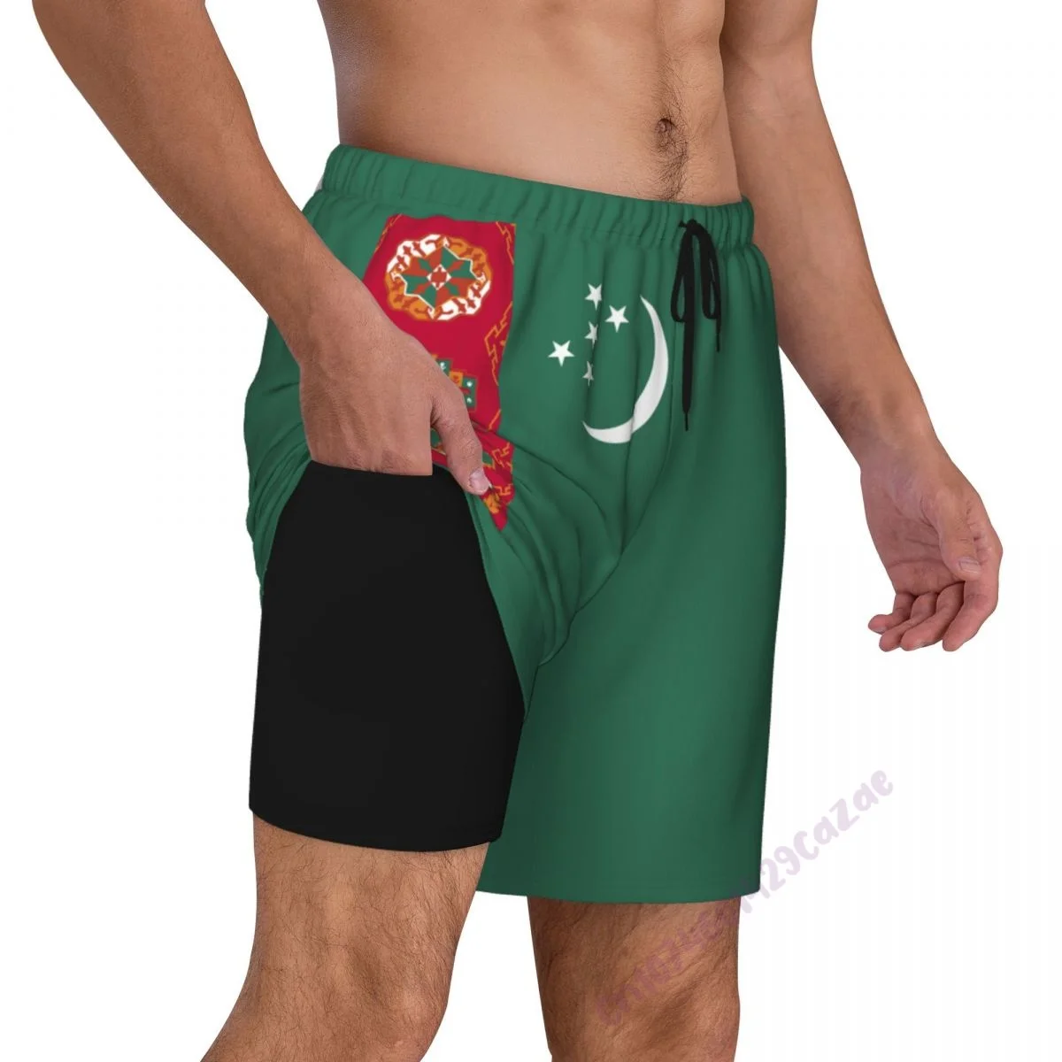 Turkmenistan Country Flag 3D Mens Swimming Trunks With Compression Liner 2 in 1 Quick-Dry Swim Shorts With Pockets