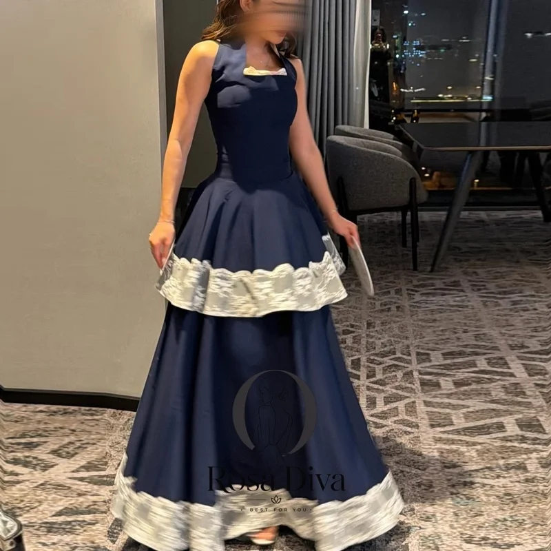 Rosa Diva Classy Navy Blue Satin A Line Evening Dress Halter Sleeveless Floor Length Formal Evening Gowns With Contrast Ruffle
