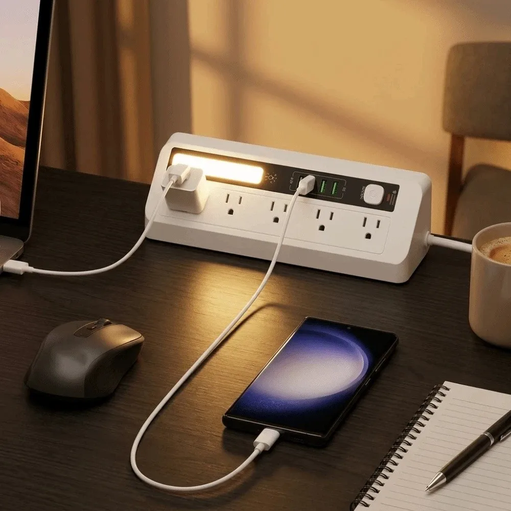 Touch Activated Desktop Charging Strip 2AC 2USB Flame-Retardant Shell USB Charging Station Compact Portable Lightweight