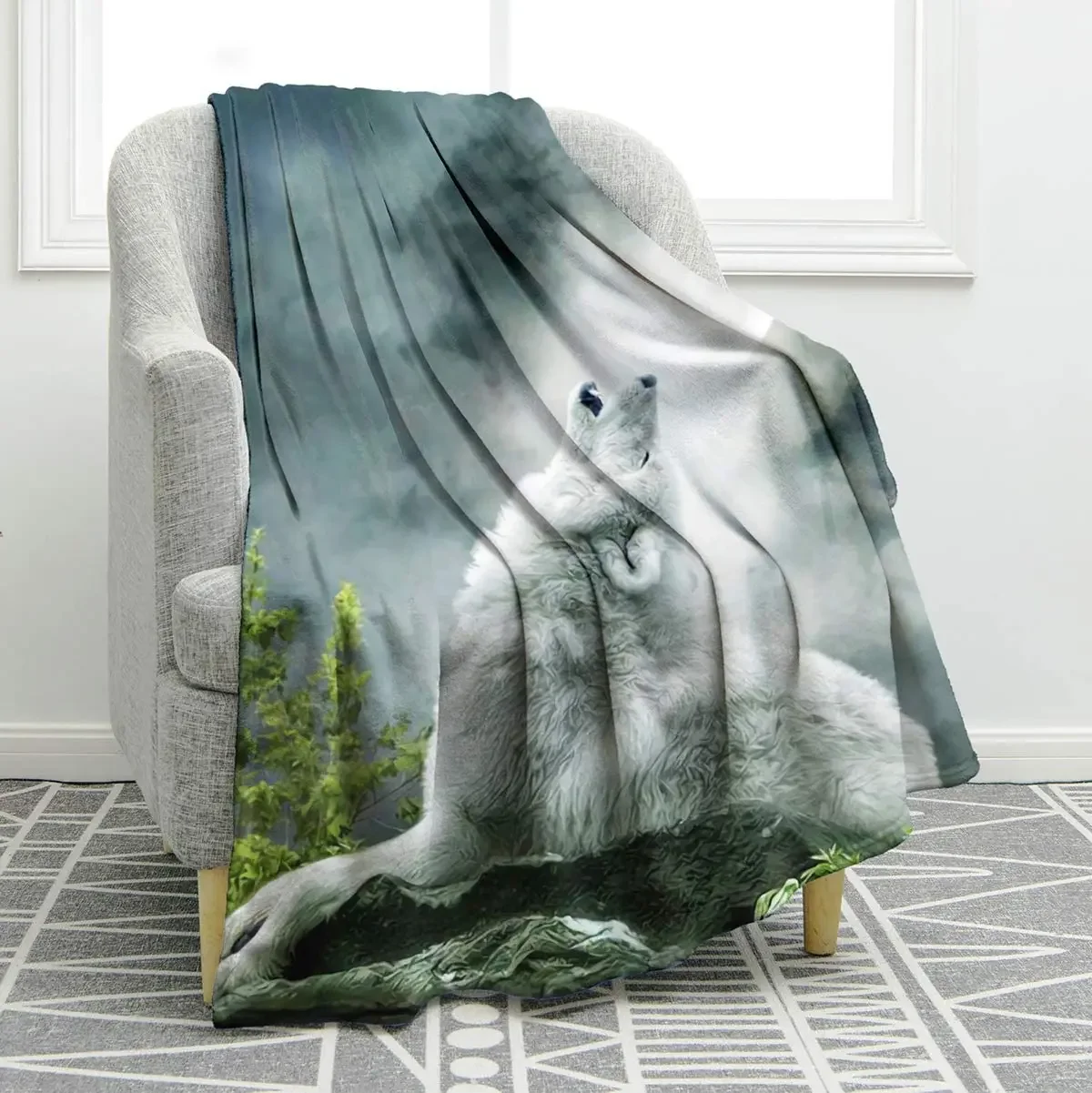 Wolf Print Blanket Wild Animals Flannel Throw Blanket Kid for Sofa Chair Bed Office Travelling Camping Lightweight Soft Warm