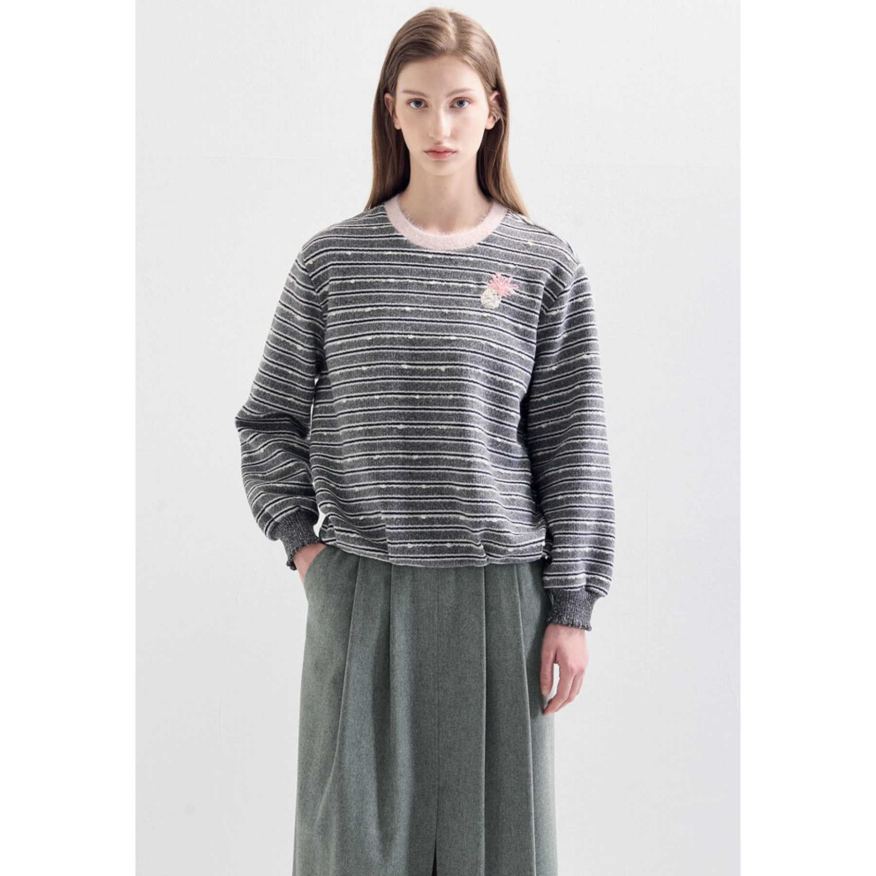 Pineapple Embroidery Woolen Knitted Sweater round Neck Elastic Waist Stripe Pattern Versatile LAN25 Winter Collection Lemon C...